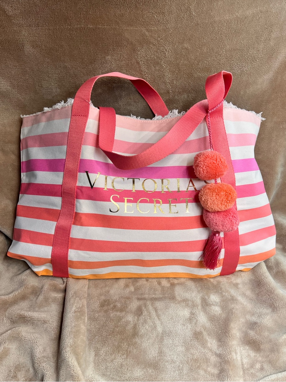 VICTORIA'S SECRET Pink and White Striped Canvas Beach Tote with Pom Poms